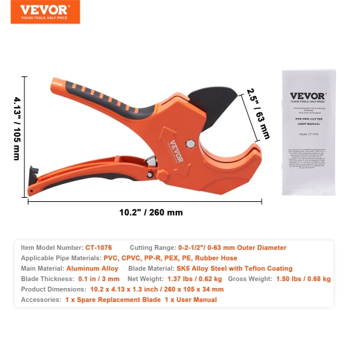 VEVOR 0-2-1/2" PVC Pipe Cutter, O.D. Ratcheting PVC Pipe Cutter, Heavy Duty Tube Cutting Tool with Spare SK5 Blade for PVC, CPVC, PP-R, PEX, PE,