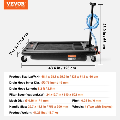 VEVOR 17 Gallon Low Profile Oil Drain Pan with Pump, Oil Change Pan with 180W Electric Pump, 8.2ft Hose & Folding Handle, Rolling Oil Drain Cart for