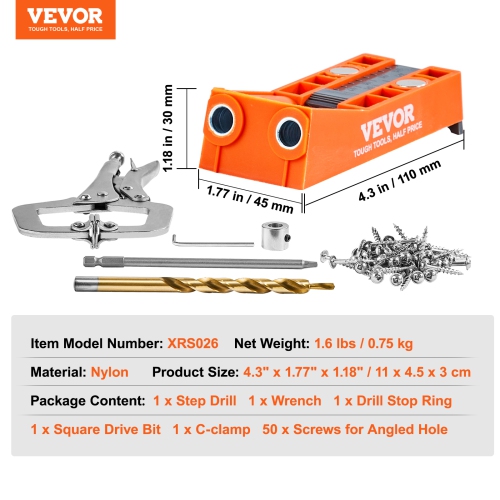 VEVOR 56 Pcs Pocket Hole Jig, Mini Jig Pocket Hole System with 9" C-clamp, Step Drill, Wrench, Square Drive Bit, Drill Stop Ring, and Screws, for DIY