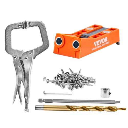 VEVOR 56 Pcs Pocket Hole Jig, Mini Jig Pocket Hole System with 9" C-clamp, Step Drill, Wrench, Square Drive Bit, Drill Stop Ring, and Screws, for DIY