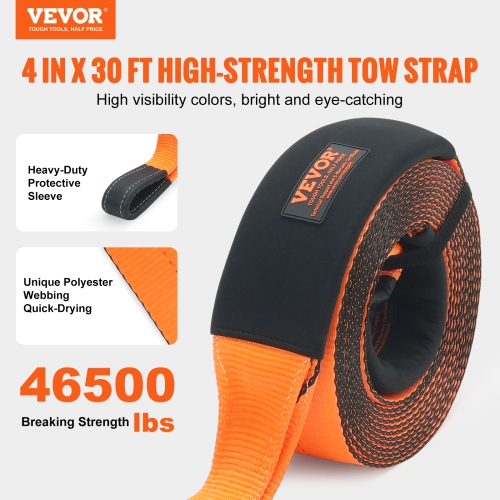 VEVOR 4" x 30' Recovery Tow Strap,46,500 lbs Break Strength,Triple Reinforced Loop Straps, Tree Saver, Off Road Towing and Recovery, Extreme Weather