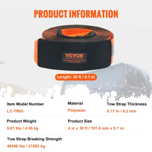 VEVOR 4" x 30' Recovery Tow Strap,46,500 lbs Break Strength,Triple Reinforced Loop Straps, Tree Saver, Off Road Towing and Recovery, Extreme Weather
