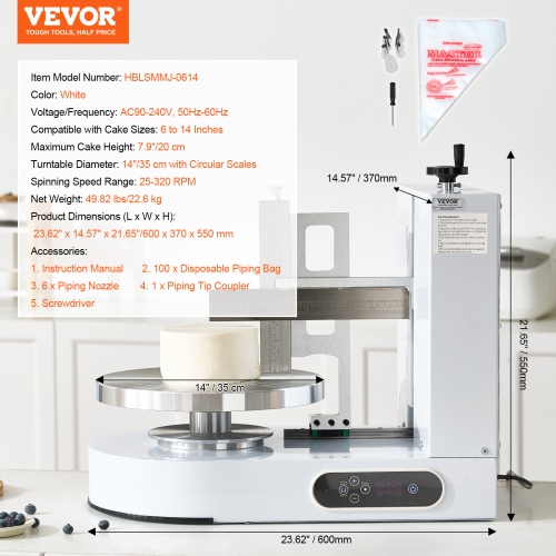 VEVOR 6" to 14" Cake Decorating Machine, Cake Cream Spreading Coating Smearing Machine, Low Noise Cake Frosting Machine, Turntable with Scraper,