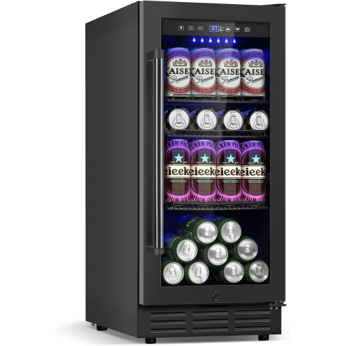 VELIETA  Beverage Refrigerator Cooler 15 Inch 130 Cans Under Counter Refrigerator Beer Fridge W/ Glass Door Adjustable Shelve & Led Light Bulit-In