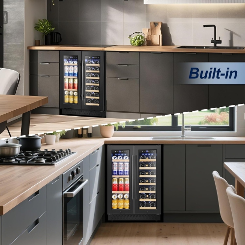 Velieta Wine and Beverage Refrigerator with Glass Door, 24-Inch Dual Zone Wine Fridge Under-Counter,4.6 Cu.Ft. 65 Cans and 20 Bottles Wine