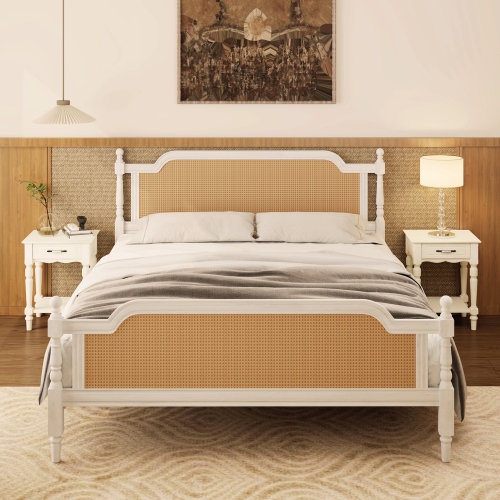 Kepooman Traditional Style Rattan Queen Size Bed Frame - White
