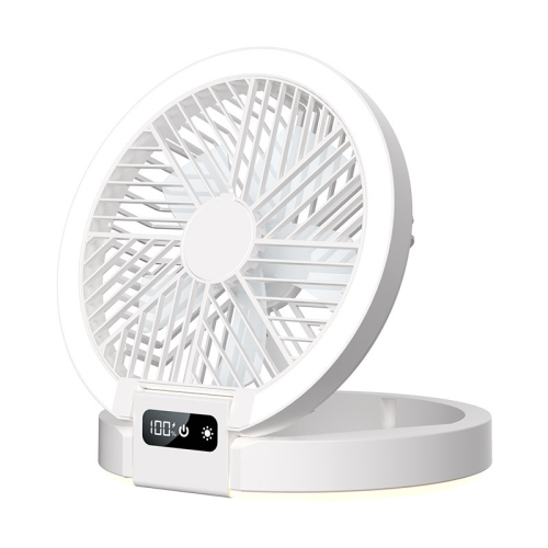 New home table fan, dormitory camping digital display ultra-thin mini fan, folding night light bracket fan, LED light, rechargeable table fan - white