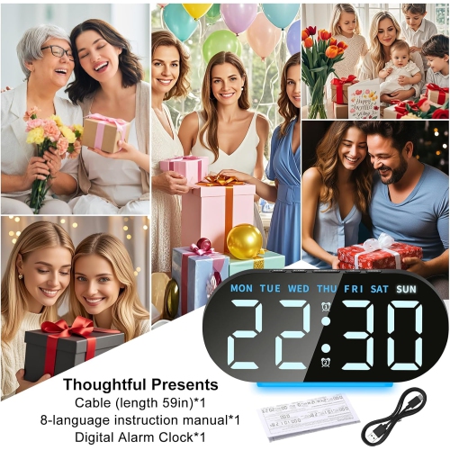 Simple large screen LED electronic clock, light bedside alarm clock, with 12/24 hour display, day of the week, date, temperature, memory function -