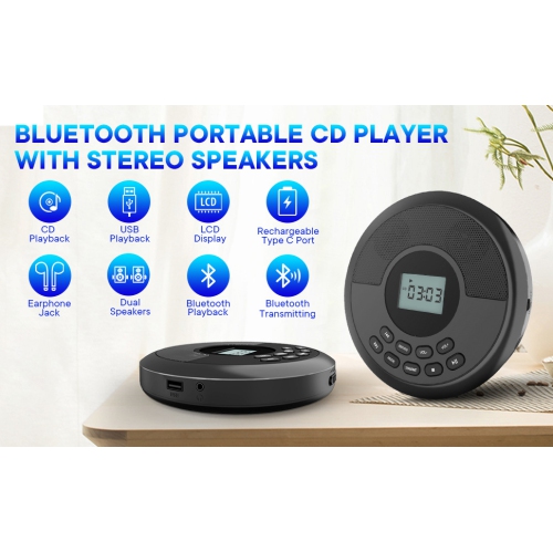 Portable CD Player with Speakers and Headphones: Rechargeable CD Walkman with Protection - CD/MP3/USB/Bluetooth Playback, Car Connection, Home