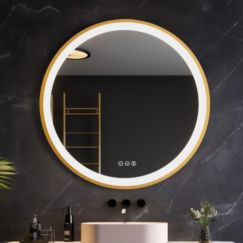 Image 1 of 10.. 24 Inch Round LED Bathroom Mirror with Lights, Front Lit Makeup Vanity Mirror with Gold Aluminium Frame, Anti-Fog, Stepless Dimmable, 3 Colors