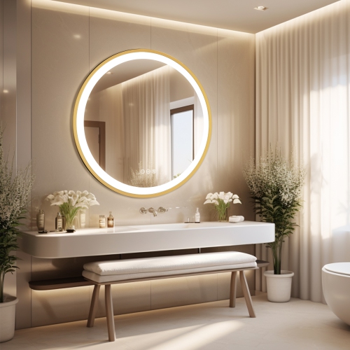 24 Inch Round LED Bathroom Mirror with Lights, Front Lit Makeup Vanity Mirror with Gold Aluminium Frame, Anti-Fog, Stepless Dimmable, 3 Colors