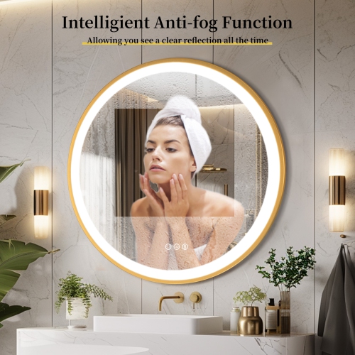 24 Inch Round LED Bathroom Mirror with Lights, Front Lit Makeup Vanity Mirror with Gold Aluminium Frame, Anti-Fog, Stepless Dimmable, 3 Colors