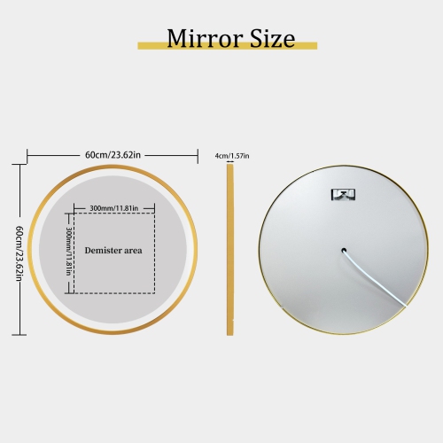 24 Inch Round LED Bathroom Mirror with Lights, Front Lit Makeup Vanity Mirror with Gold Aluminium Frame, Anti-Fog, Stepless Dimmable, 3 Colors