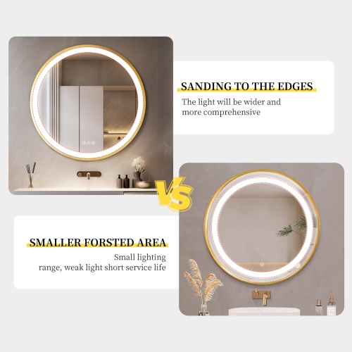 24 Inch Round LED Bathroom Mirror with Lights, Front Lit Makeup Vanity Mirror with Gold Aluminium Frame, Anti-Fog, Stepless Dimmable, 3 Colors
