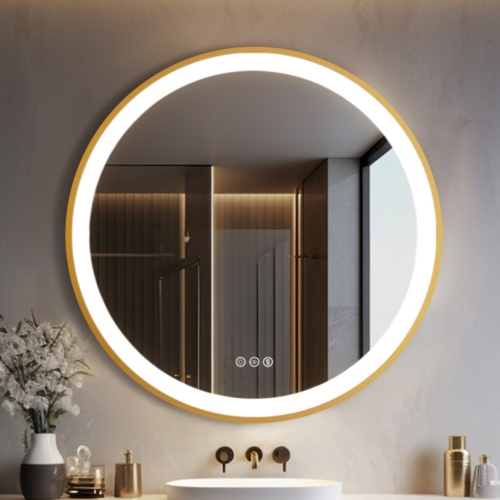 Image 1 of 10.. 32 Inch Round LED Bathroom Mirror with Lights, Front Lit Makeup Vanity Mirror with Gold Aluminium Frame, Anti-Fog, Stepless Dimmable, 3 Colors
