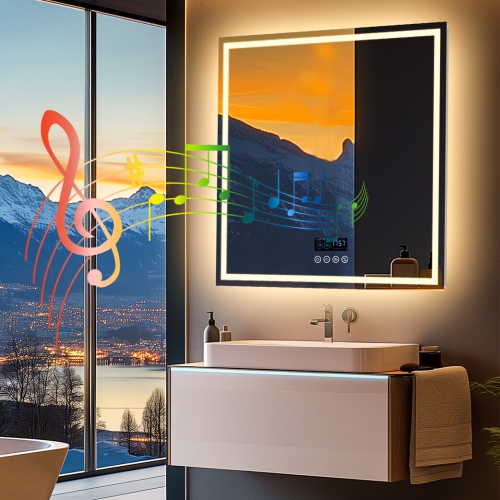 Image 1 of 10.. LUVODI 32"x32" LED Bathroom Mirror with Lights, Built-in Bluetooth Speaker, Anti-Fog Dimmable 3 Lights Setting Backlit + Front Lit, Lighted Vanity