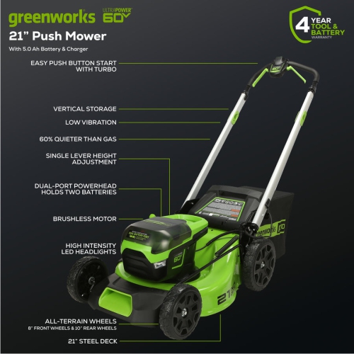 Greenworks 60V 21” Cordless Push Lawn Mower, 5.0Ah Battery and Rapid Charger Included