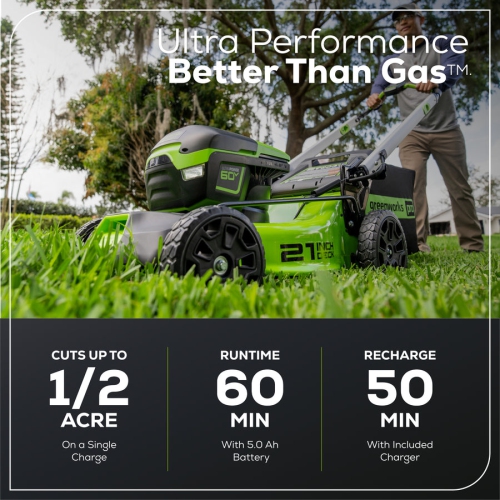 Greenworks 60V 21” Cordless Push Lawn Mower, 5.0Ah Battery and Rapid Charger Included
