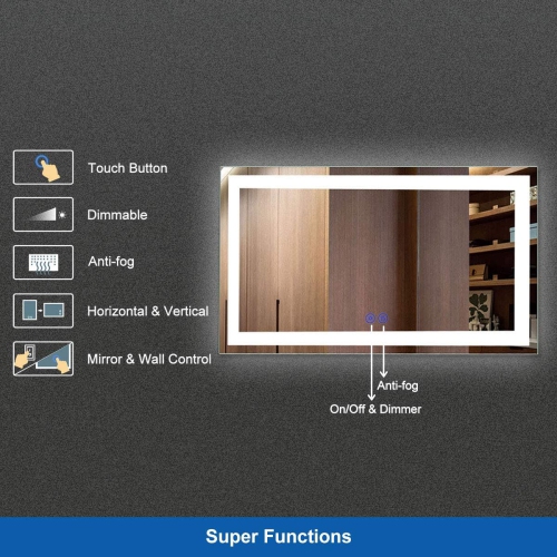 Whirlwell LED Bathroom Mirror, 48 x 28 in, Slim Lights, Touch Button, Dimmable, Anti-Fog, Vertical/Horizontal Mounted
