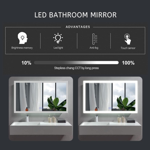Whirlwell LED Bathroom Mirror, 36 x 28 in, Wide Lights, Touch Button, Dimmable, Anti-Fog, Vertical/Horizontal Mounted