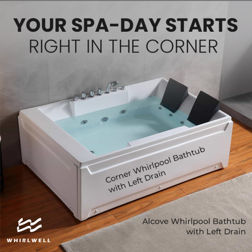 Whirlwell Corner, 72 x 48 po, baignoire Whirlpool avec drain gauche