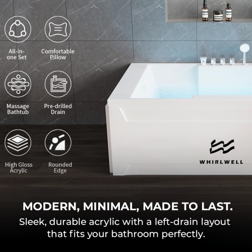 Whirlwell Corner, 72 x 48 po, baignoire Whirlpool avec drain gauche