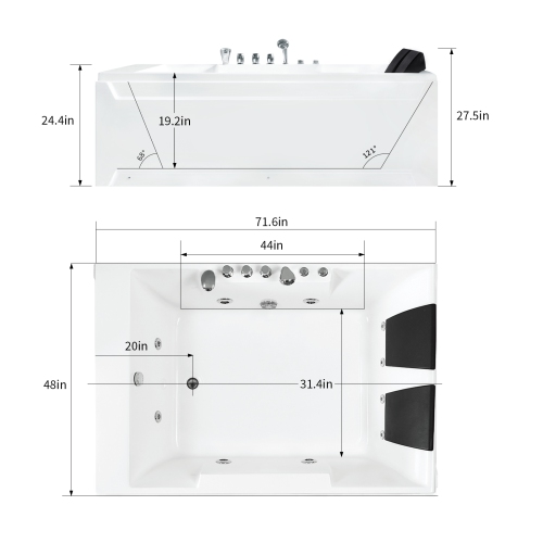 Whirlwell Corner, 72 x 48 po, baignoire Whirlpool avec drain gauche