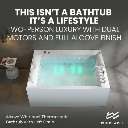 Whirlwell – Baignoire de massage combinée pour 2&nbsp;personnes HIGH-END, 71 x 53&nbsp;po, avec drain central, radiateur