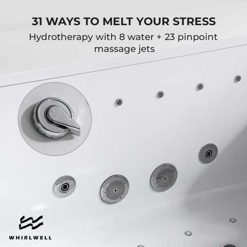 Whirlwell – Baignoire de massage combinée pour 2&nbsp;personnes HIGH-END, 71 x 53&nbsp;po, avec drain central, radiateur