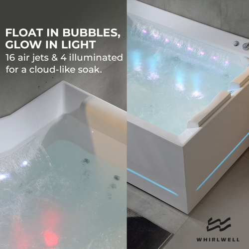 Whirlwell – Baignoire de massage combinée pour 2&nbsp;personnes HIGH-END, 71 x 53&nbsp;po, avec drain central, radiateur