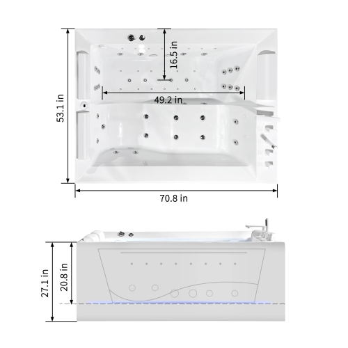 Whirlwell – Baignoire de massage combinée pour 2&nbsp;personnes HIGH-END, 71 x 53&nbsp;po, avec drain central, radiateur