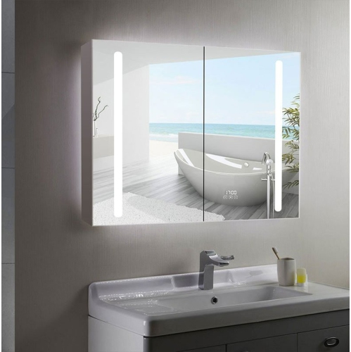 Whirlwell LED Smart Mirror Cabinet, 36 x 32 in, Touch Switch, Anti-Fog, Dimmable Tri-Color Lighting, USB port, Clock Display, and a Built-in Sensor