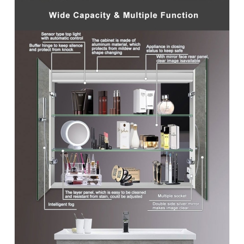 Whirlwell LED Smart Mirror Cabinet, 36 x 32 in, Touch Switch, Anti-Fog, Dimmable Tri-Color Lighting, USB port, Clock Display, and a Built-in Sensor