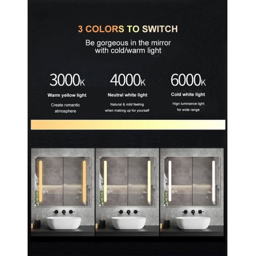 Whirlwell LED Smart Mirror Cabinet, 36 x 32 in, Touch Switch, Anti-Fog, Dimmable Tri-Color Lighting, USB port, Clock Display, and a Built-in Sensor