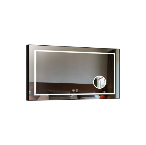 Whirlwell – Miroir de salle de bain LED, 48 x 28&nbsp;po, cadre noir, loupe, bouton tactile, intensité réglable, Antibuée, montage vertical/horizontal