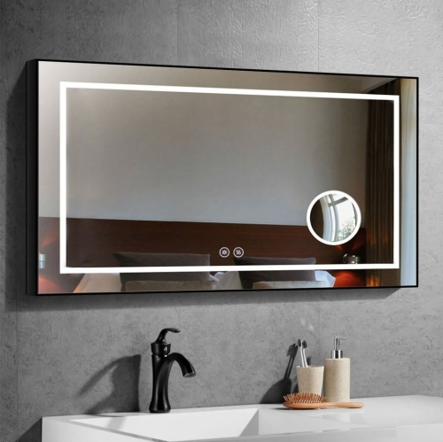 Whirlwell – Miroir de salle de bain LED, 48 x 28&nbsp;po, cadre noir, loupe, bouton tactile, intensité réglable, Antibuée, montage vertical/horizontal
