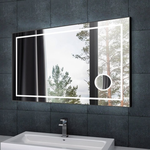 Whirlwell – Miroir de salle de bain LED, 55 x 36 po, cadre noir, haut-parleur Bluetooth, loupe, bouton tactile, Intensité réglable, antibuée,