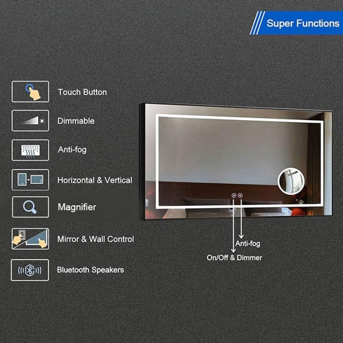 Whirlwell – Miroir de salle de bain LED, 55 x 36 po, cadre noir, haut-parleur Bluetooth, loupe, bouton tactile, Intensité réglable, antibuée,