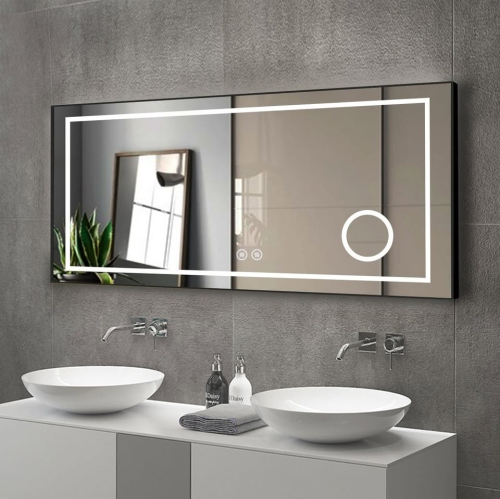 Whirlwell – Miroir de salle de bain LED, 60 x 28&nbsp;po, cadre noir, loupe, bouton tactile, intensité réglable, Antibuée, montage vertical/horizontal