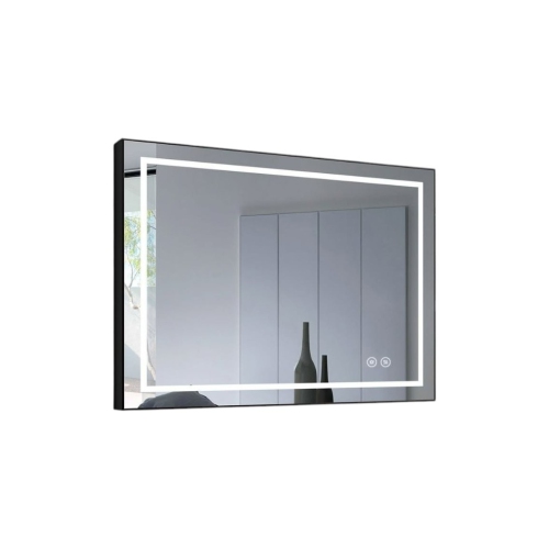 Whirlwell – Miroir de salle de bain LED, 36 x 28&nbsp;po, cadre noir, bouton tactile, intensité réglable, antibuée, Montage vertical/horizontal