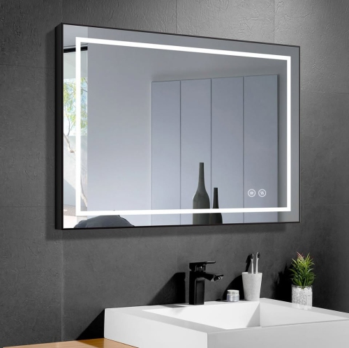 Whirlwell – Miroir de salle de bain LED, 36 x 28&nbsp;po, cadre noir, bouton tactile, intensité réglable, antibuée, Montage vertical/horizontal