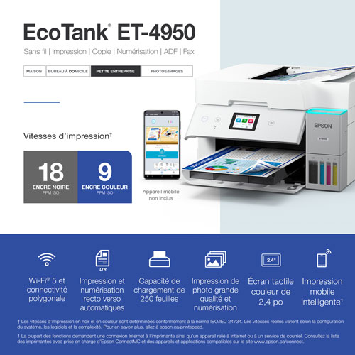 Imprimante à jet encre tout-en-un sans fil Supertank EcoTank ET-4950 d'Epson - Blanc