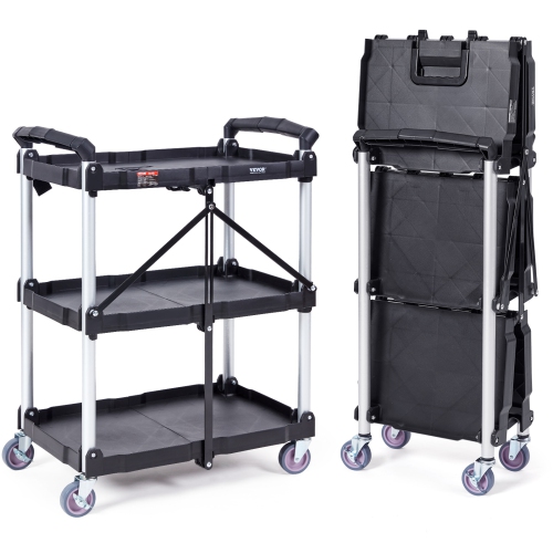 VEVOR 3 Shelf Foldable Utility Service Cart, 165LBS Plastic Rolling Cart with Lockable Wheels, Ergonomic Handle, Garage Tool Cart for