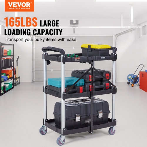 VEVOR 3 Shelf Foldable Utility Service Cart, 165LBS Plastic Rolling Cart with Lockable Wheels, Ergonomic Handle, Garage Tool Cart for