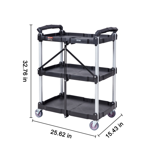 VEVOR 3 Shelf Foldable Utility Service Cart, 165LBS Plastic Rolling Cart with Lockable Wheels, Ergonomic Handle, Garage Tool Cart for
