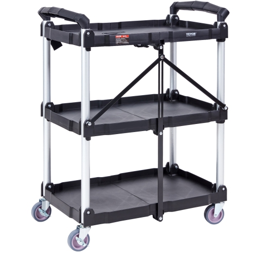 VEVOR 3 Shelf Foldable Utility Service Cart, 165LBS Plastic Rolling Cart with Lockable Wheels, Ergonomic Handle, Garage Tool Cart for