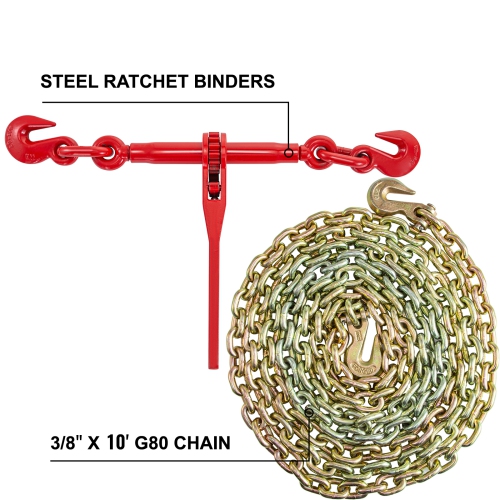 VEVOR 3/8in-1/2in Chain and Binder Kit, Ratchet Load Binders 9215lbs Working Strength, Ratchet Binders and Chains, 3/8in x 10ft Chains with G70