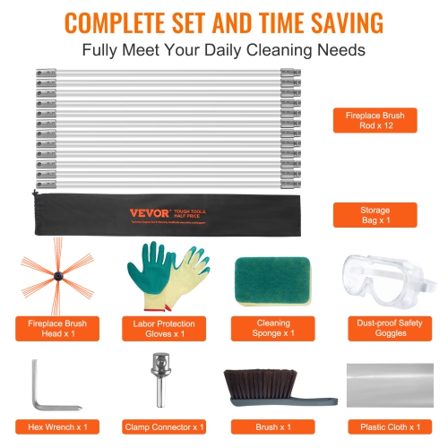 VEVOR 39 Feet Ergonomic Chimney Sweep Kit, w/ 12 Reinforced Nylon Flexible Rods, 360-Degree Brush Chimney Cleaner, Rich Accessories for Fireplace