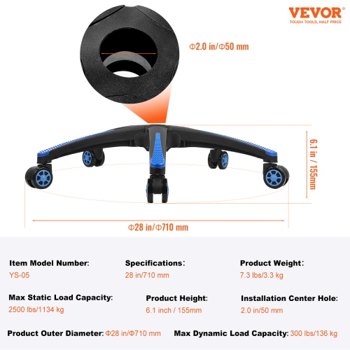 VEVOR 28" Office Chair Base Replacement, 2500 lbs Static Load, Computer Desk Chair Stool Base Part with 5 Casters and Reinforced Legs, Desk Chair
