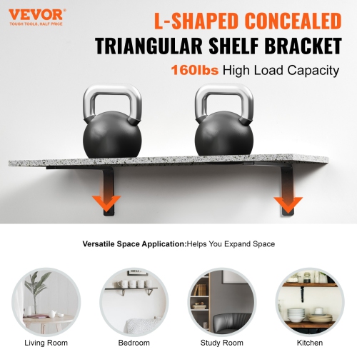 VEVOR 16 x 6 in Shelf Bracket, 4 Pcs Heavy Floating Shelf Brackets, Brackets for Shelves, 10mm Thick Matte Black L Shelf Bracket,Steel Shelving